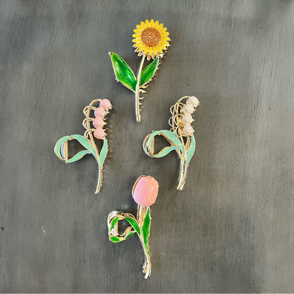 Yellow Sunflower Brown Rhinestone Enamel & Gold Metal 4“ Lobster Claw Hair Clip - Picture 2 of 4